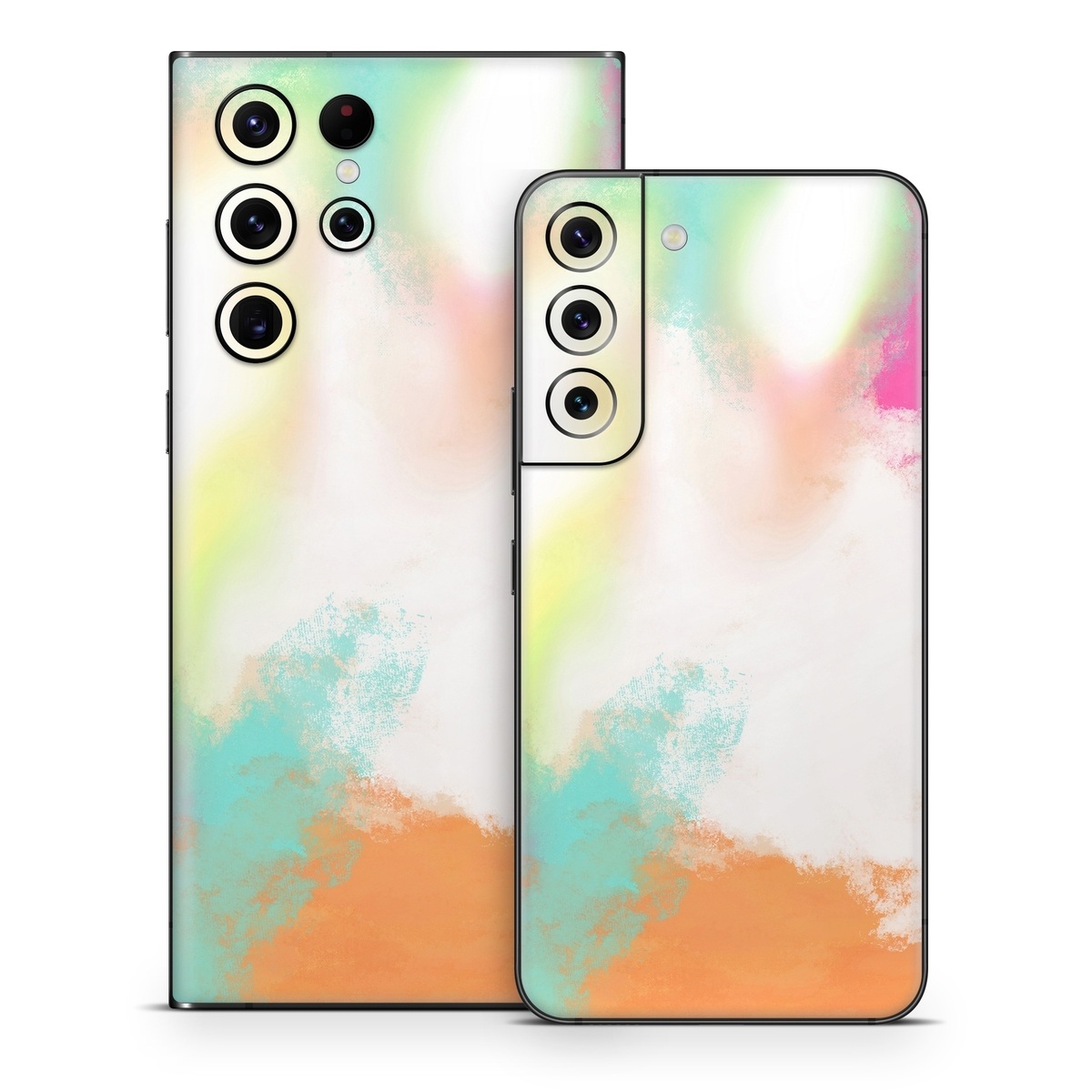 Samsung Galaxy S22 Series Skin design of Sky, Yellow, Orange, Pink, Art, Illustration, Visual Arts, Pattern, Colorfulness, Watercolor Paint, with white, pink, orange, yellow, blue, brown colors