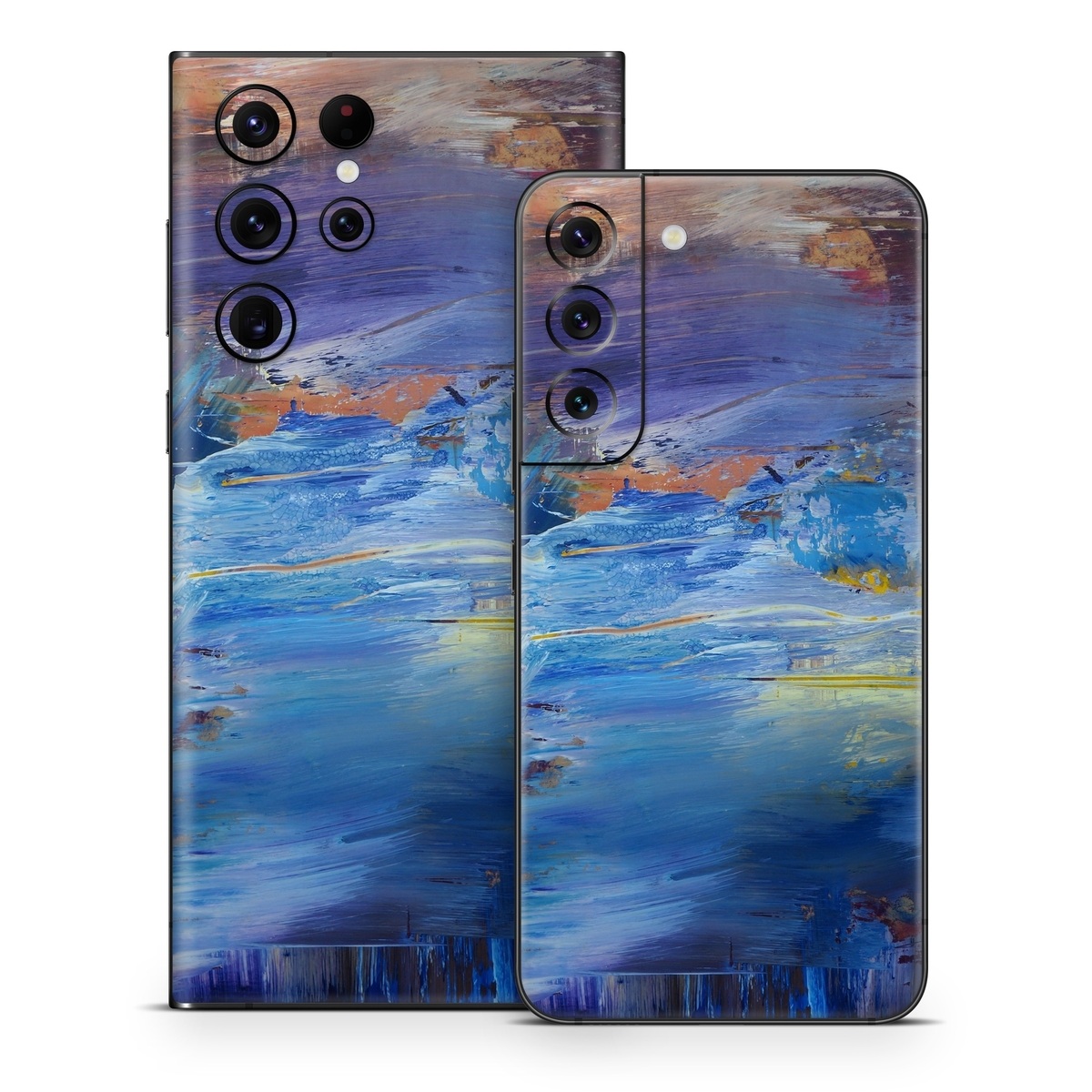 Samsung Galaxy S22 Series Skin design of Painting, Blue, Modern art, Acrylic paint, Sky, Watercolor paint, Art, Visual arts, Paint, Electric blue, with blue, purple, yellow, brown, orange, black colors