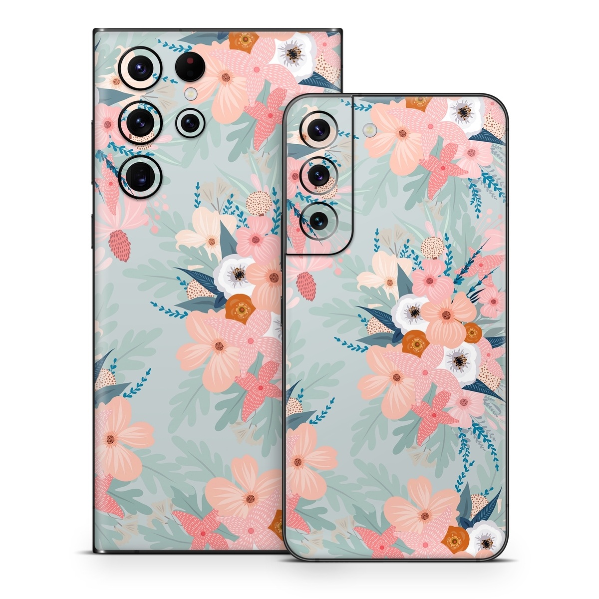 Samsung Galaxy S22 Series Skin design of Pattern, Aqua, Wrapping paper, Textile, Design, Floral design, Wildflower, Plant, Pedicel, Blossom, with pink, red, blue, white colors