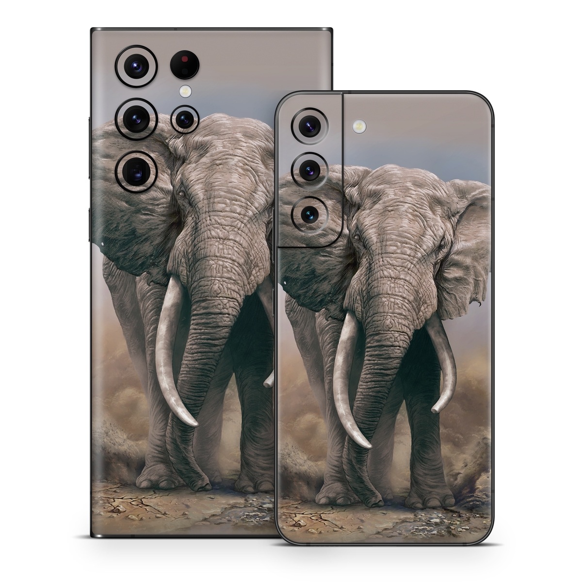 Samsung Galaxy S22 Series Skin design of Elephants and Mammoths, Terrestrial animal, Indian elephant, African elephant, Wildlife, Tusk, Snout, Organism, Working animal, Illustration, with brown, gray, white colors