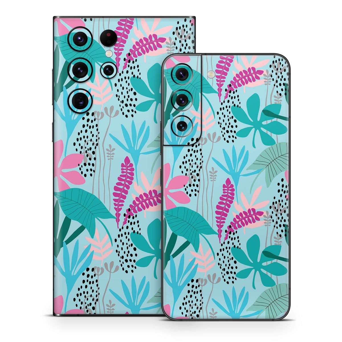 Samsung Galaxy S22 Series Skin design of White, Leaf, Botany, Green, Textile, Branch, Organism, Plant, Font, Pink, with blue, green, pink, purple, black, gray colors