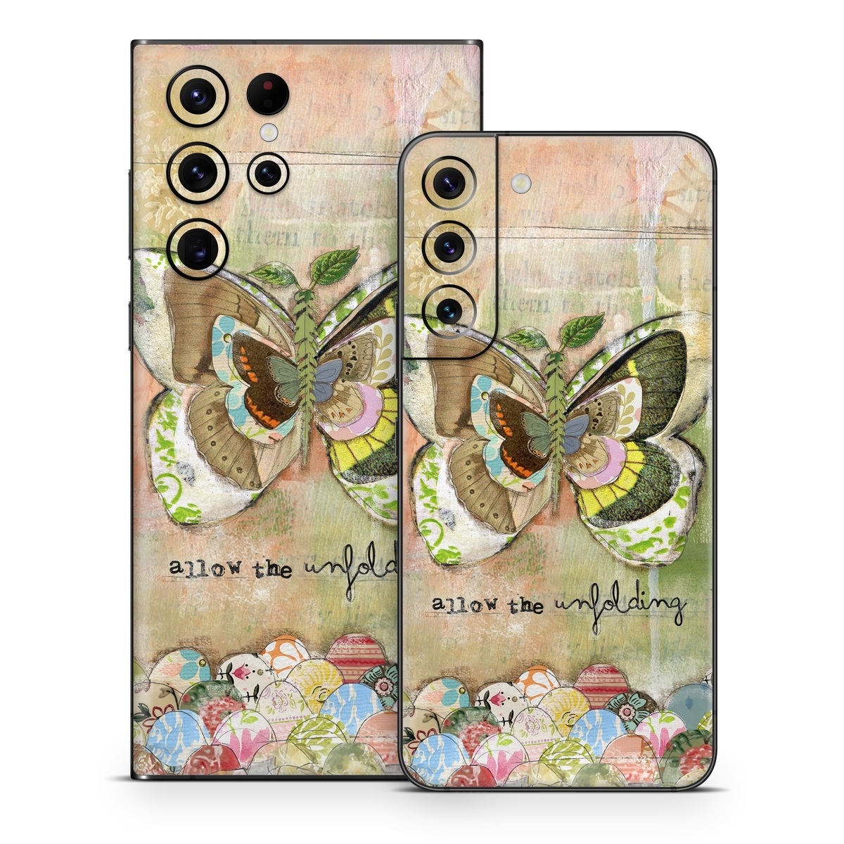 Samsung Galaxy S22 Series Skin design of Butterfly, Art, Fictional character, Pollinator, Moths and butterflies, Watercolor paint, Illustration, with green, brown, yellow, blue, pink, red colors
