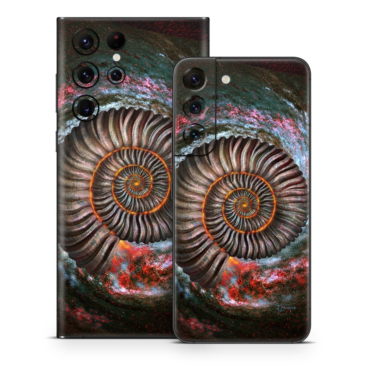 Samsung Galaxy S22 Series Skin design of Spiral, Fractal art, Vortex, Circle, Art, Ammonoidea, with black, brown, red, white, blue, green colors