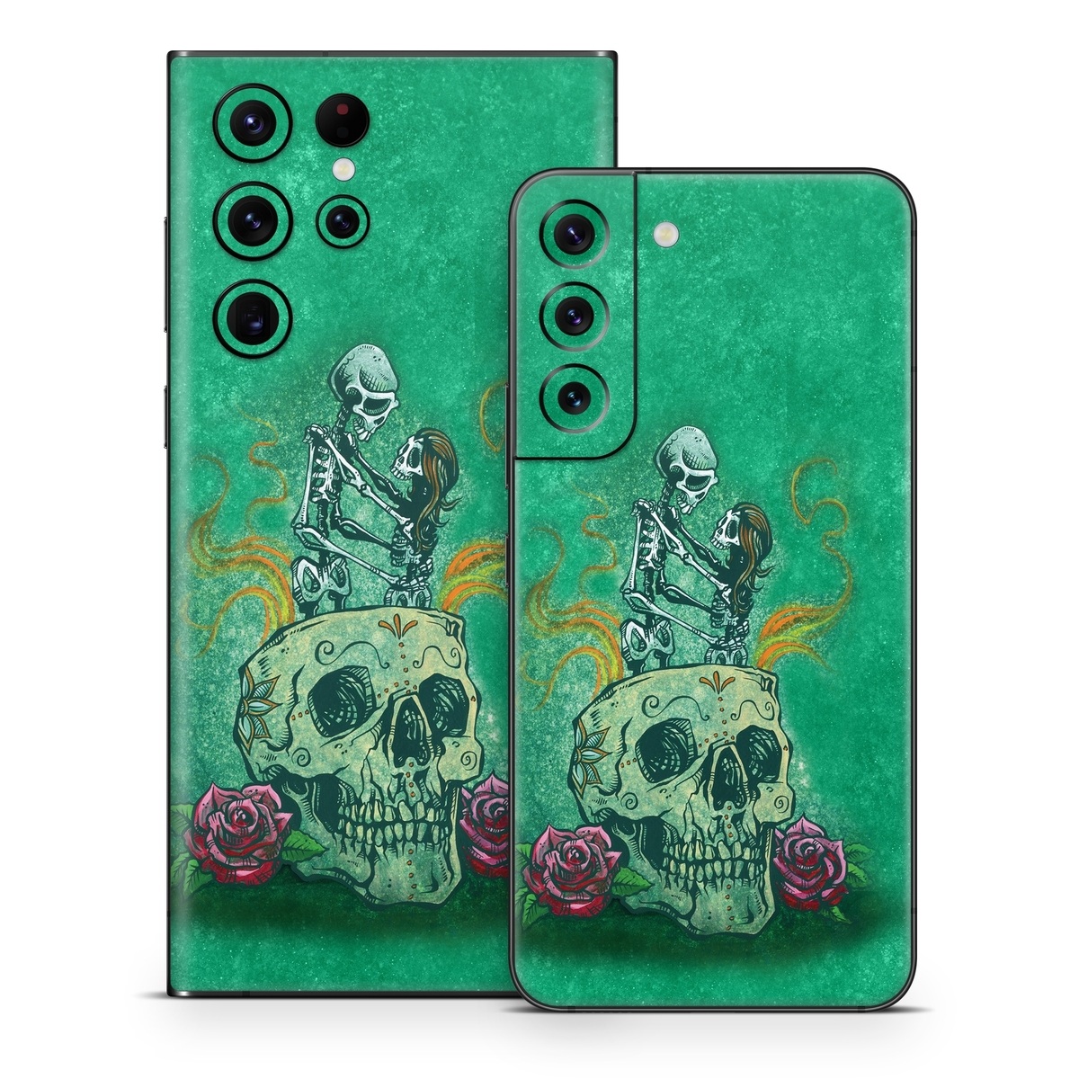 Samsung Galaxy S22 Series Skin design of Bone, Skull, Aqua, Pattern, Electric blue, Fashion accessory, Font, Fictional character, Art, Grass, with green, pink, red, yellow, orange, white, gray colors