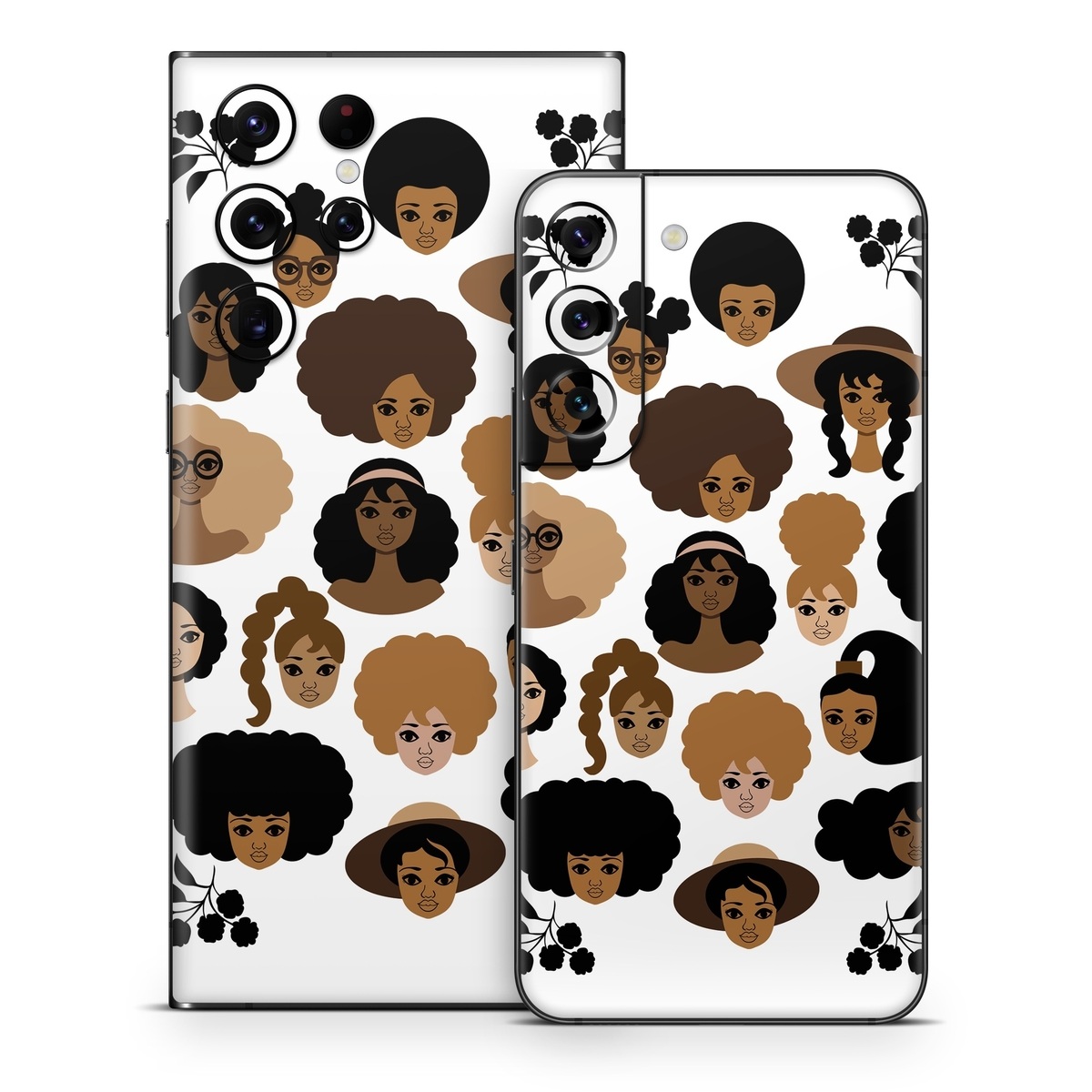 Samsung Galaxy S22 Series Skin design of Hair, People, Facial expression, Hairstyle, Cartoon, Head, Afro, Clip art, Font, Black hair, with black, brown, white colors