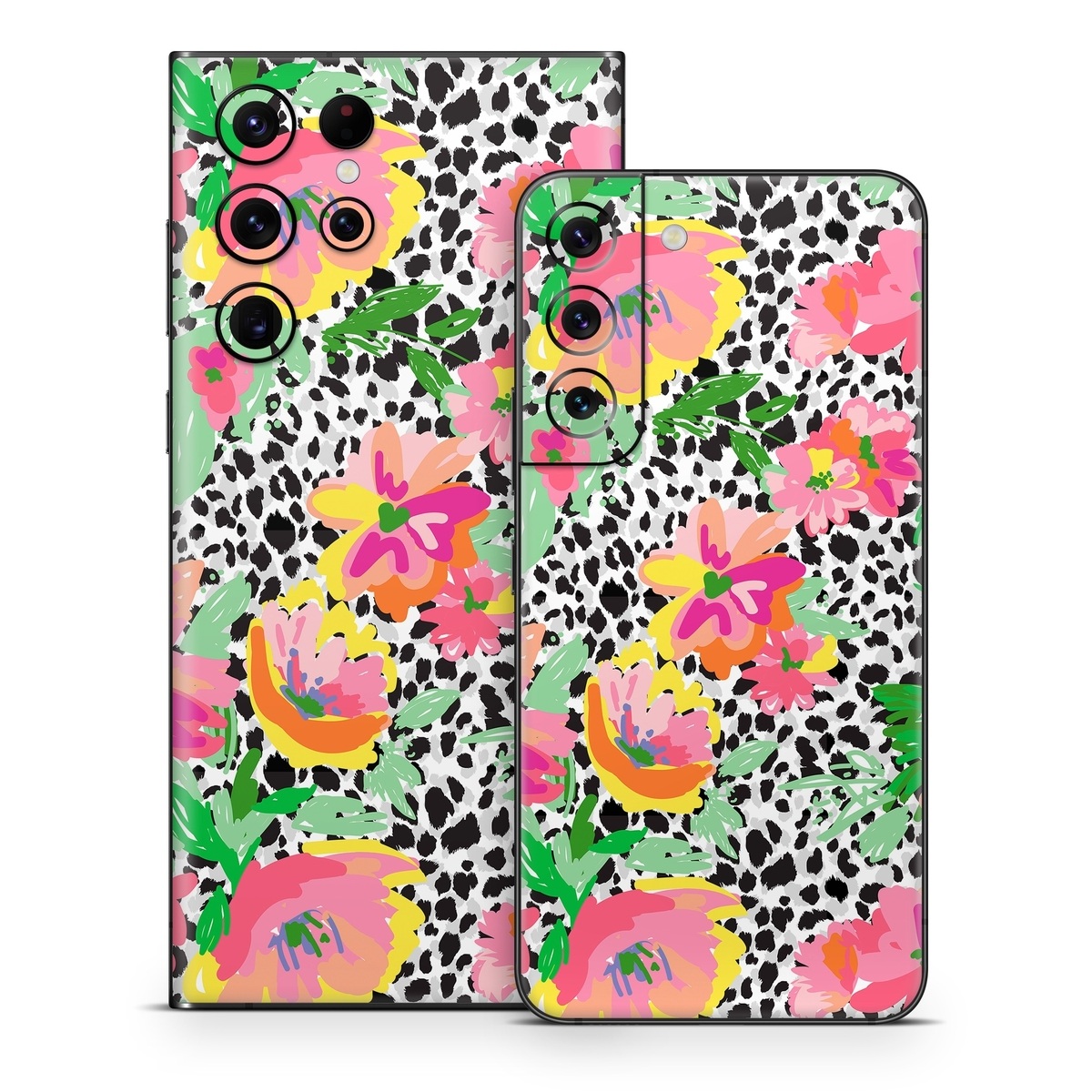 Samsung Galaxy S22 Series Skin design of Flower, Petal, Textile, Pink, Creative arts, Art, Magenta, Pattern, Plant, Symmetry, with pink, orange, yellow, purple, green, black, white colors