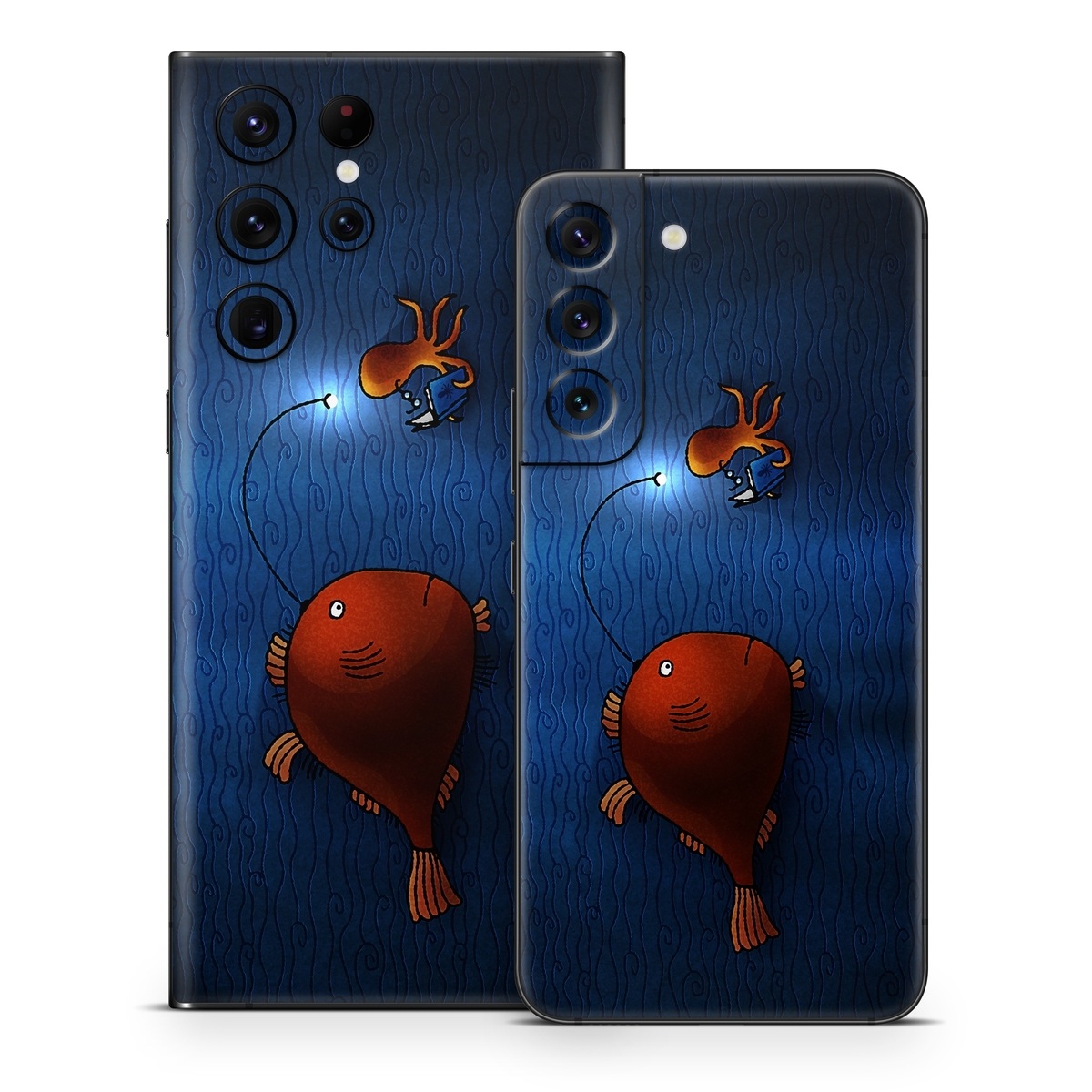 Samsung Galaxy S22 Series Skin design of Deep sea fish, Anglerfish, Illustration, Fish, Animation, Art, with blue, red colors