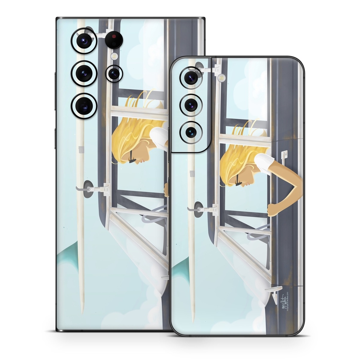 Samsung Galaxy S22 Series Skin design of Vehicle door, Vehicle, Automotive exterior, Automotive design, Car, Headgear, Windshield, Dress, Automotive window part, Family car, with blue, white, gray, yellow colors