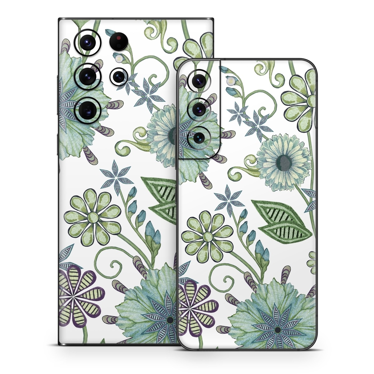Samsung Galaxy S22 Series Skin design of Green, Pattern, Flower, Botany, Plant, Leaf, Design, Wildflower, with white, green, blue colors