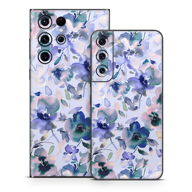 Samsung Galaxy S22 Series Skin design of Blue, Flower, Petal, Pink, Purple, Wildflower, Watercolor painting, Floral design, Lobelias, Borages, with white, purple, black, pink, green colors
