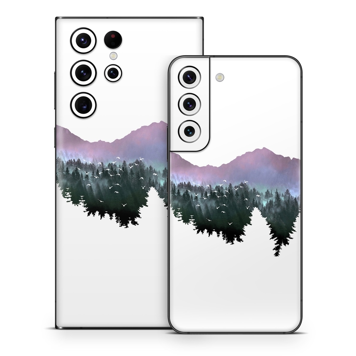 Samsung Galaxy S22 Series Skin design of Nature, Mountainous landforms, Mountain, Atmospheric phenomenon, Tree, Wilderness, Sky, Mountain range, Forest, Hill, with white, black, purple, blue, green colors