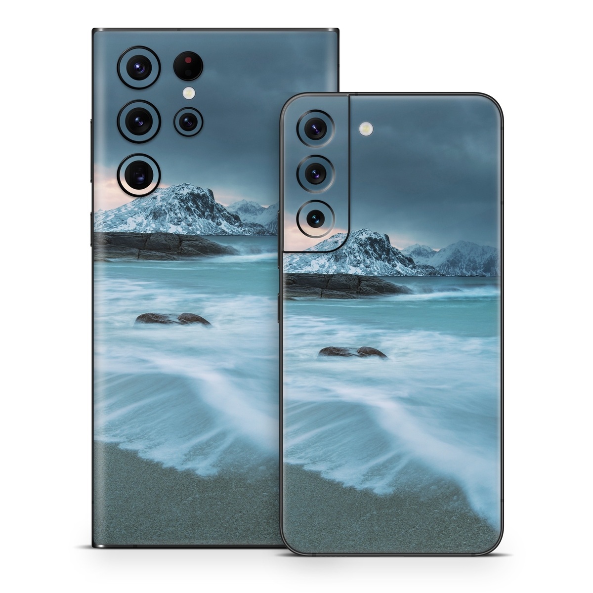 Samsung Galaxy S22 Series Skin design of Body of water, Sky, Nature, Sea, Ocean, Wave, Blue, Water, Coast, Wind wave, with white, blue, black, orange colors