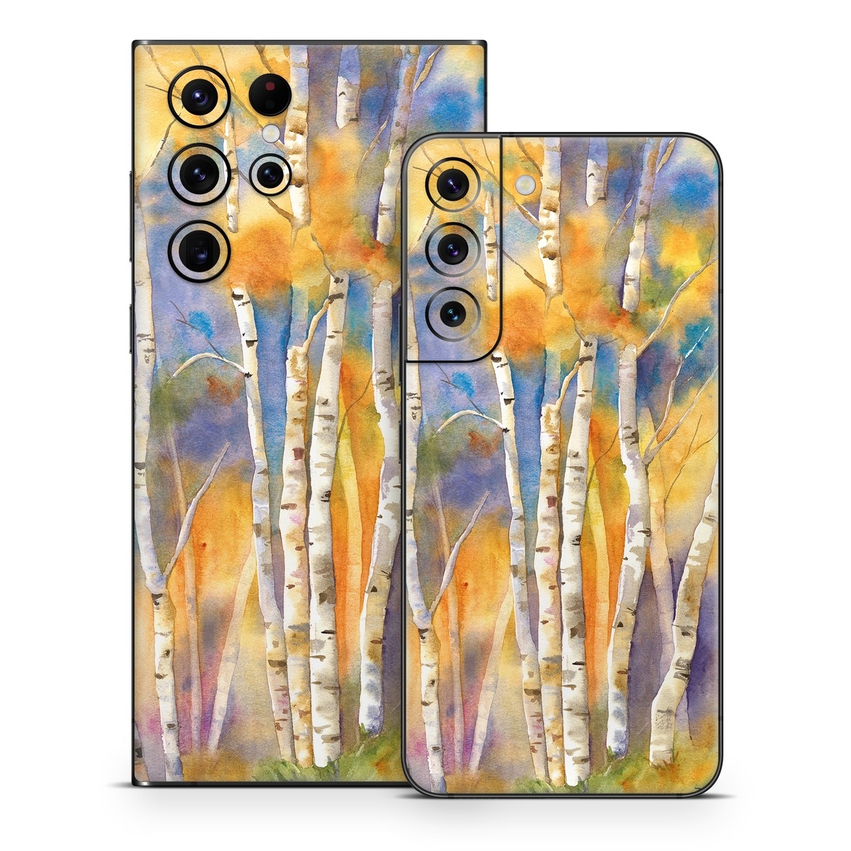 Samsung Galaxy S22 Series Skin design of Canoe birch, Watercolor paint, Tree, Birch, Woody plant, Painting, Plant, Birch family, Paint, Trunk, with orange, yellow, green, white, purple, blue colors