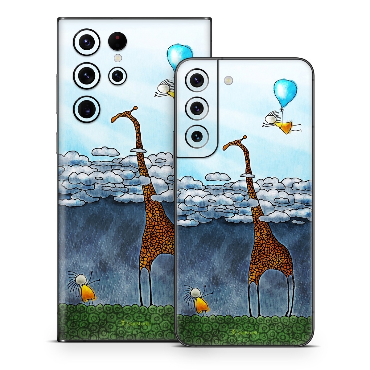 Samsung Galaxy S22 Series Skin design of Giraffe, Sky, Tree, Water, Branch, Giraffidae, Illustration, Cloud, Grassland, Bird, with blue, gray, yellow, green colors