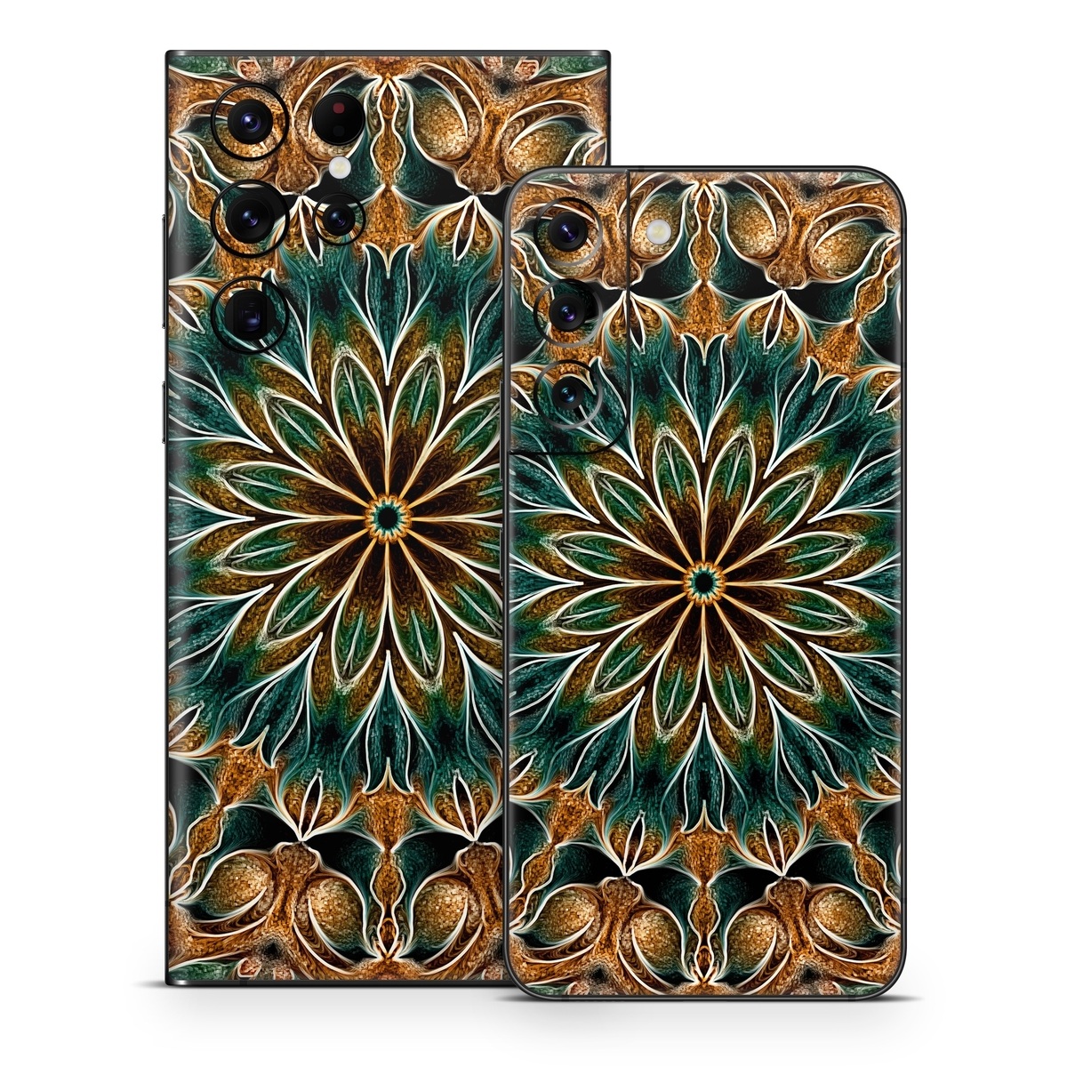 Samsung Galaxy S22 Series Skin design of Pattern, Symmetry, Textile, Art, Psychedelic art, Tapestry, Design, Visual arts, Kaleidoscope, Motif, with green, orange, yellow, brown, red colors