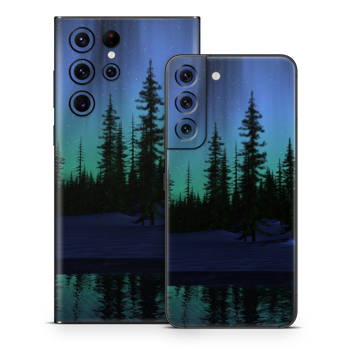 Samsung Galaxy S22 Series Skin design of Aurora, Nature, Sky, shortleaf black spruce, Natural landscape, Tree, Wilderness, Natural environment, Biome, Spruce-fir forest, with blue, purple, green, black colors