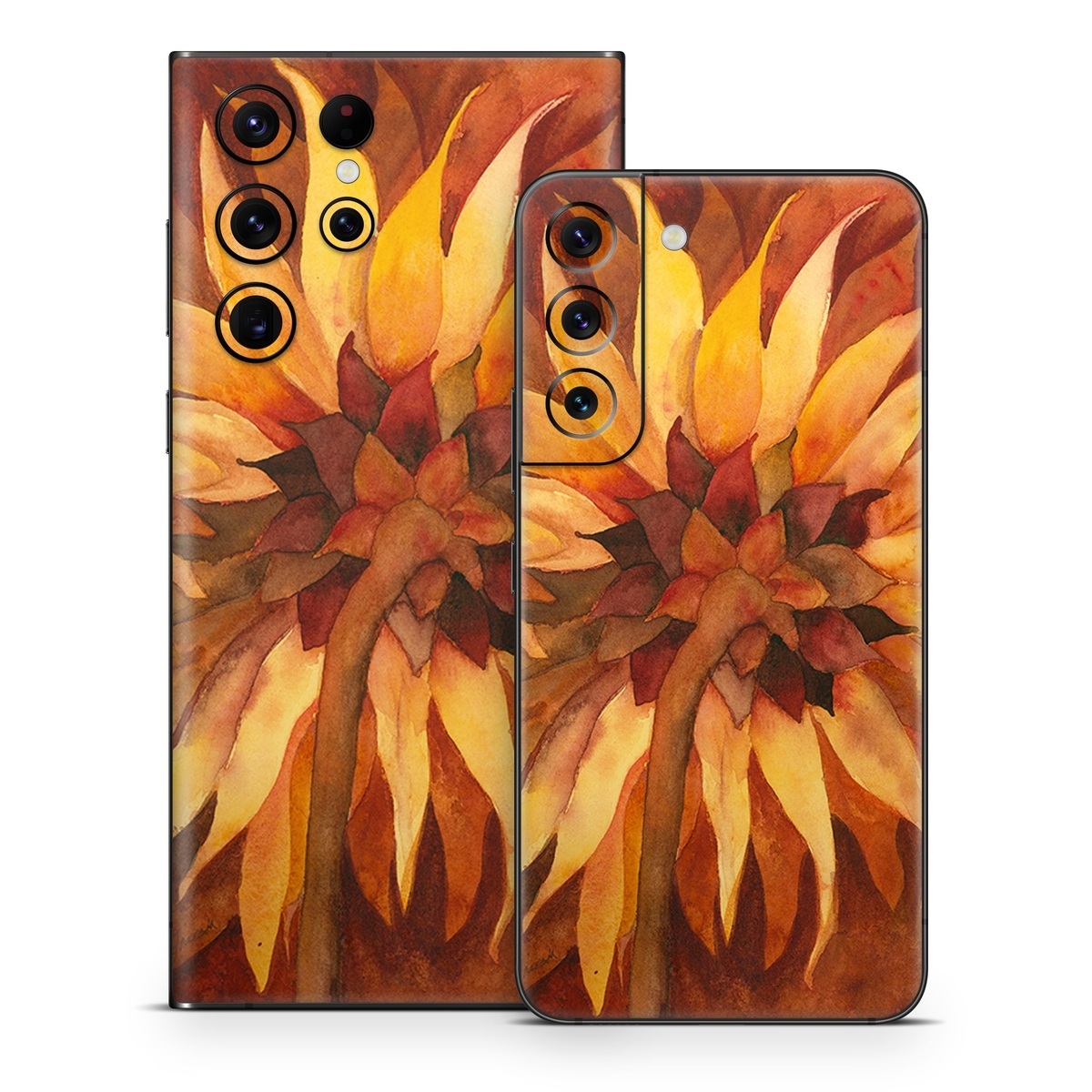 Samsung Galaxy S22 Series Skin design of Sunflower, Flower, sunflower, Yellow, Painting, Plant, Petal, Still life photography, Flowering plant, Still life, with yellow, brown, orange colors