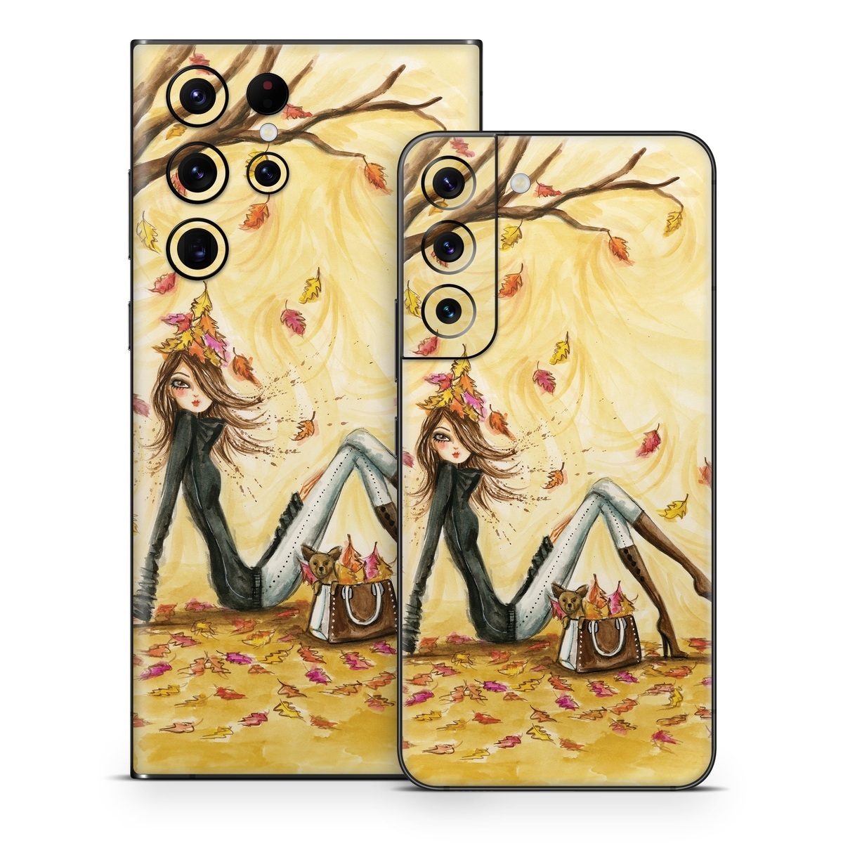 Samsung Galaxy S22 Series Skin design of Painting, Watercolor paint, Tree, Art, Illustration, Plant, Modern art, Visual arts, Still life, Fictional character, with yellow, red, brown, orange, black, white colors