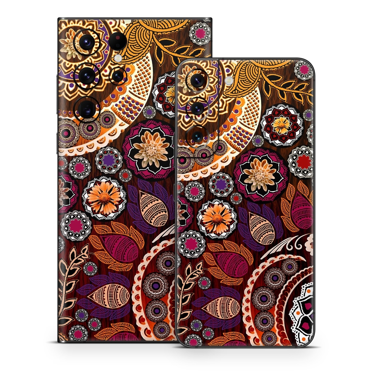 Samsung Galaxy S22 Series Skin design of Pattern, Motif, Visual arts, Design, Art, Floral design, Textile, Paisley, Tapestry, Circle, with brown, purple, red, white, black colors