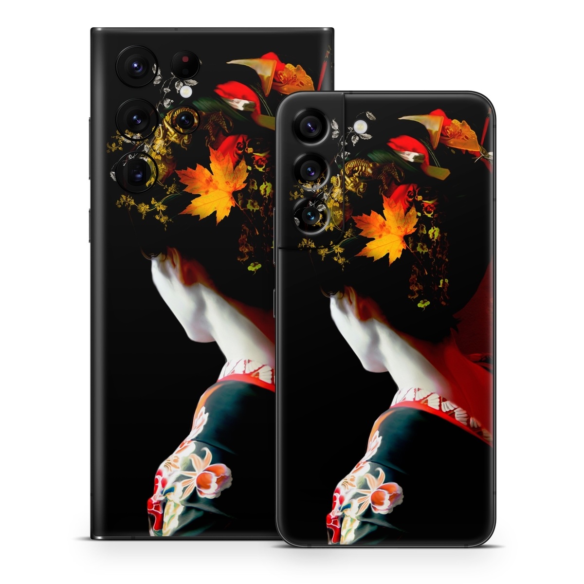 Samsung Galaxy S22 Series Skin design of Geisha, Red, Flower, Plant, Headgear, Photography, Peking opera, Costume, Headpiece, Art, with black, red, orange, yellow, white colors