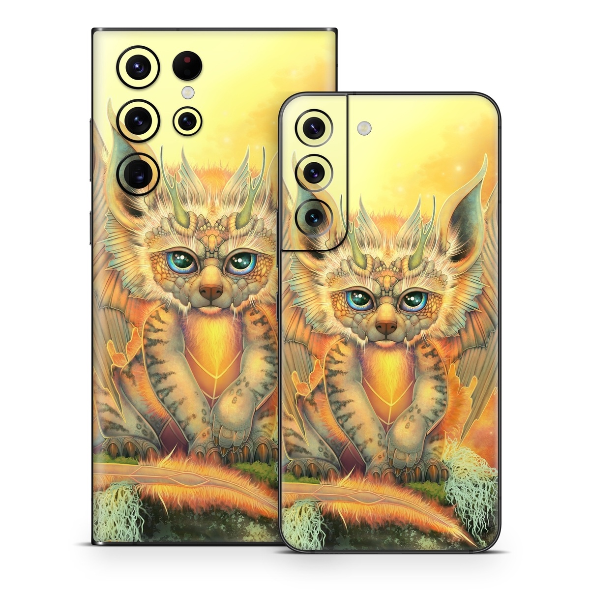 Samsung Galaxy S22 Series Skin design of Nature, Mammal, Art, Fawn, Owl, Illustration, Tail, Fictional character, Visual arts, Terrestrial animal, with yellow, orange, green, white, black colors