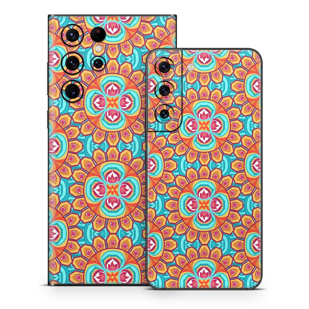 Samsung Galaxy S22 Series Skin design of Pattern, Orange, Design, Textile, Wrapping paper, Visual arts, Motif, Circle, Art, with blue, orange, red, yellow colors
