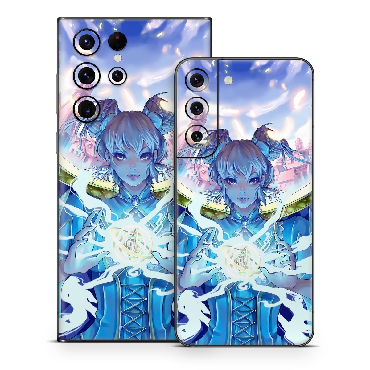 Samsung Galaxy S22 Series Skin design of Cg artwork, Anime, Cartoon, Sky, Long hair, Illustration, Fictional character, Black hair, Art, with blue, purple, pink, white, yellow colors