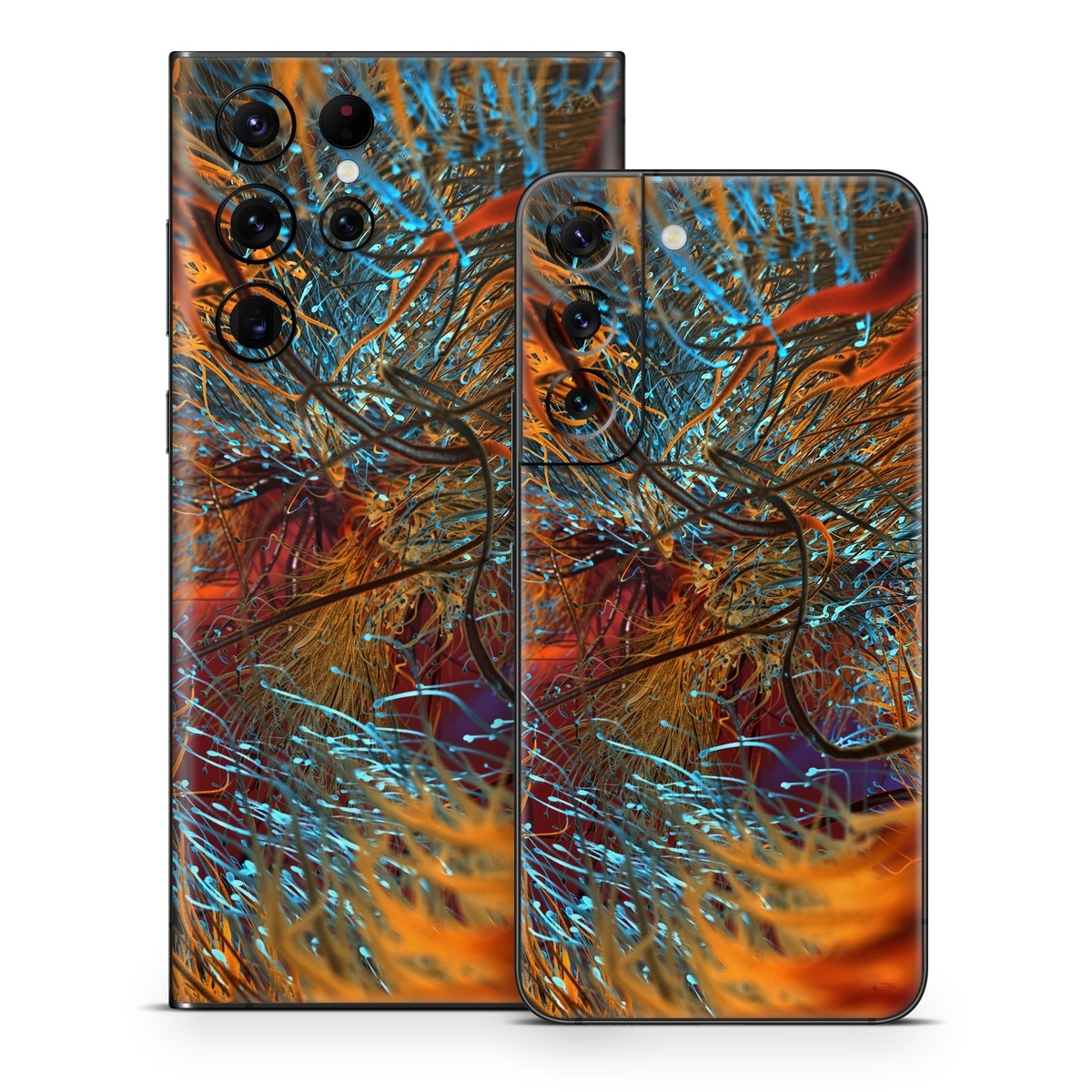 Samsung Galaxy S22 Series Skin design of Orange, Tree, Electric blue, Organism, Fractal art, Plant, Art, Graphics, Space, Psychedelic art, with orange, blue, red, yellow, purple colors