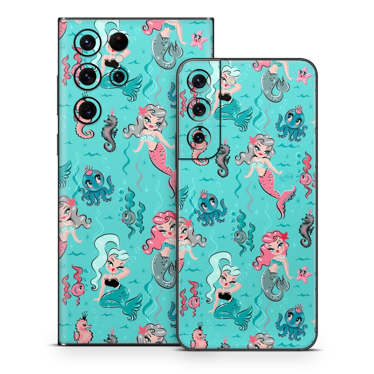 Samsung Galaxy S22 Series Skin design of Turquoise, Wrapping paper, Cartoon, Pattern, Textile, Aqua, Design, Gift wrapping, Illustration, Fictional character, with blue, pink, yellow, gray colors