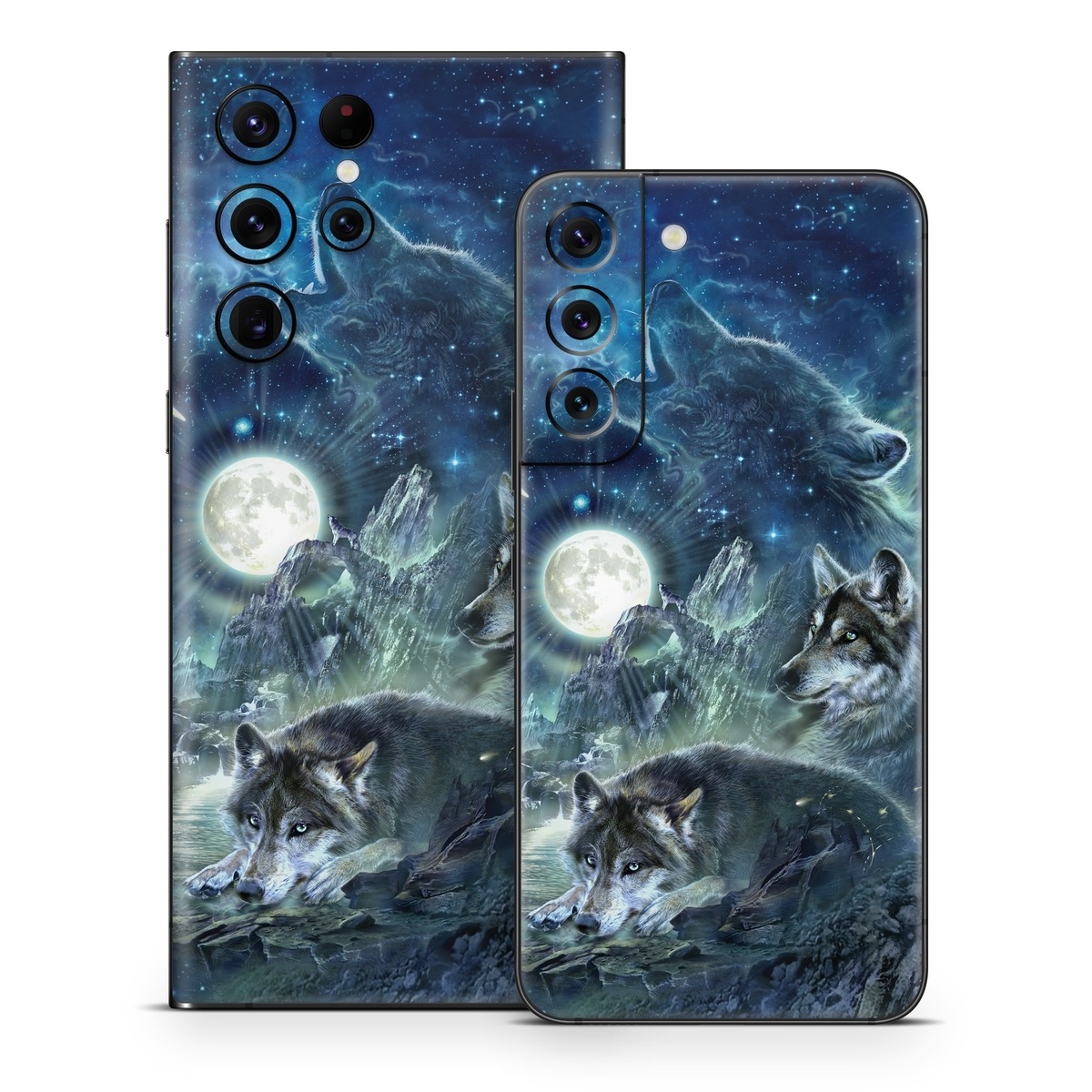 Samsung Galaxy S22 Series Skin design of Cg artwork, Fictional character, Darkness, Werewolf, Illustration, Wolf, Mythical creature, Graphic design, Dragon, Mythology, with black, blue, gray, white colors