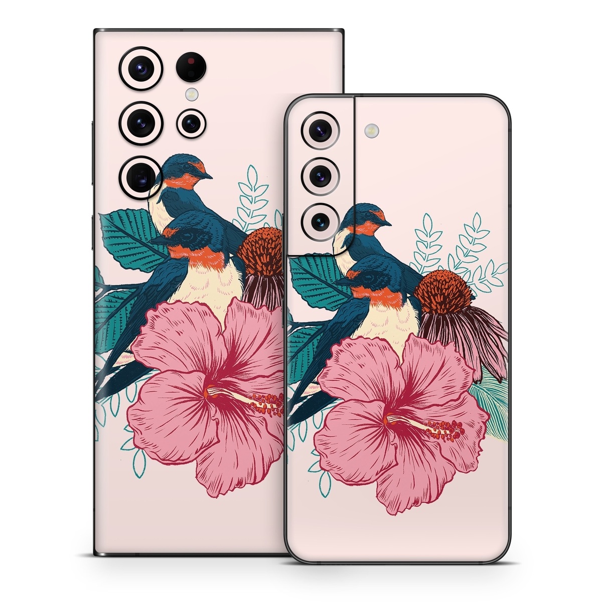 Samsung Galaxy S22 Series Skin design of Bird, Hawaiian hibiscus, Hibiscus, Illustration, Chinese hibiscus, Botany, Flower, Plant, Malvales, Mallow family, with blue, pink, green, yellow, red colors