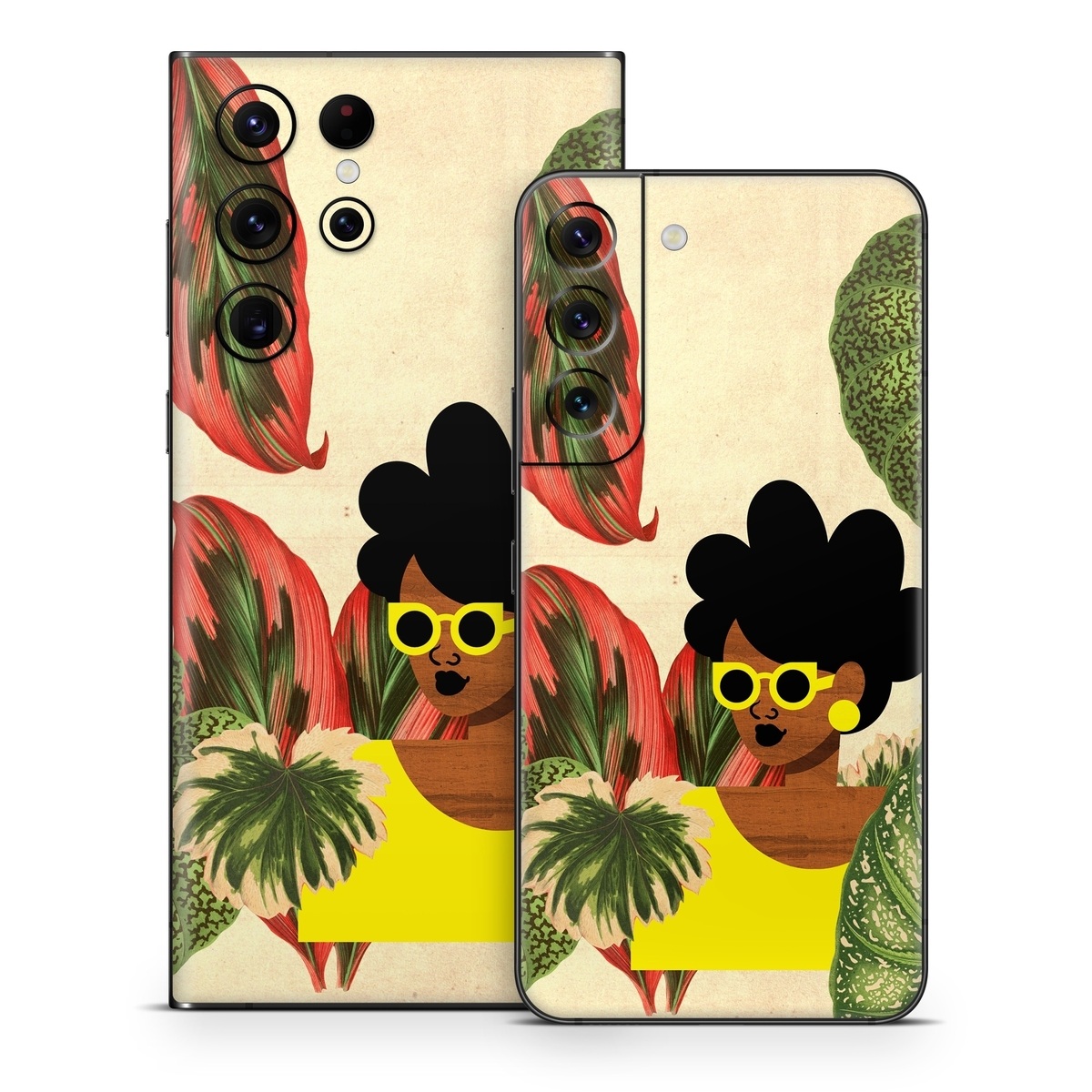 Samsung Galaxy S22 Series Skin design of Illustration, Plant, Botany, Organism, Leaf, Art, Animation, Grass, Flower, Perennial plant, with green, black, brown, yellow, red colors