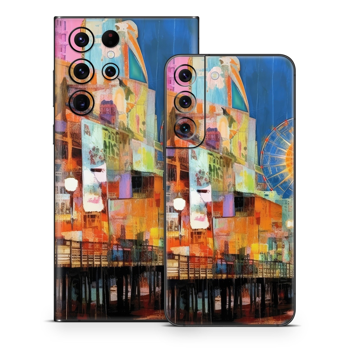 Samsung Galaxy S22 Series Skin design of Light, World, Window, Tints and shades, City, Art, Leisure, Event, Building, Ferris wheel, with black, white, blue, pink, red, orange, yellow, green colors