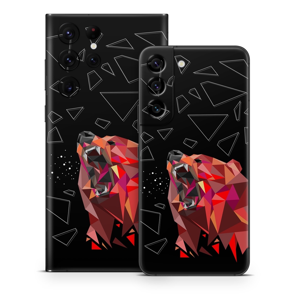 Samsung Galaxy S22 Series Skin design of Graphic design, Triangle, Font, Illustration, Design, Art, Visual arts, Graphics, Pattern, Space, with black, red colors