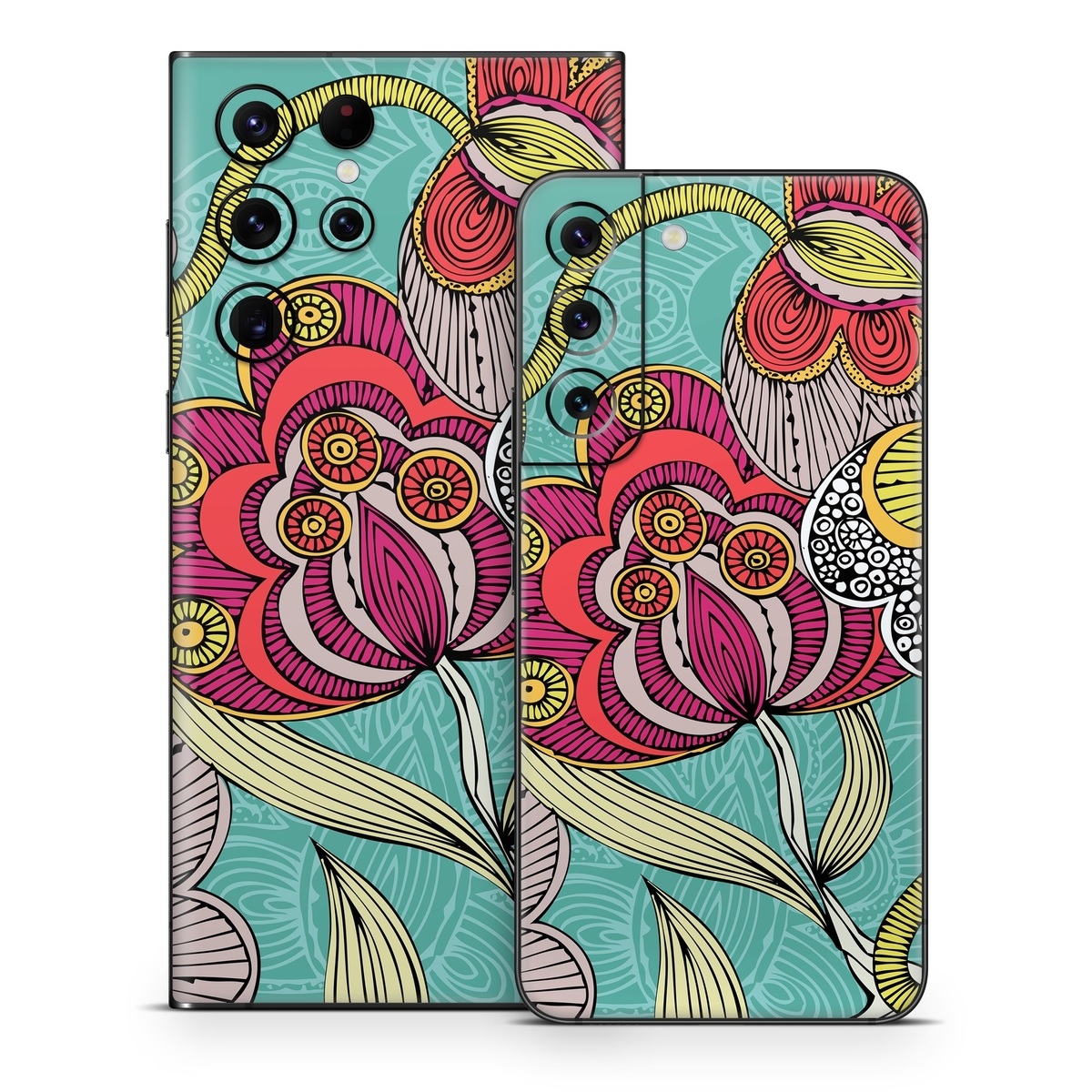 Samsung Galaxy S22 Series Skin design of Pattern, Visual arts, Motif, Floral design, Design, Art, Plant, Flower, Organism, Textile, with red, yellow, blue, gray, pink colors