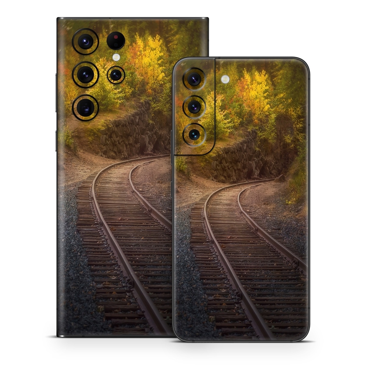 Samsung Galaxy S22 Series Skin design of Plant, Wood, Branch, Natural landscape, Road surface, Track, Grass, Tree, Thoroughfare, Twig, with brown, gray, yellow, orange, green, red colors