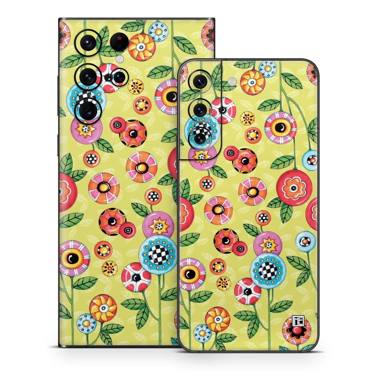 Samsung Galaxy S22 Series Skin design of Wrapping paper, Pattern, Textile, Design, Visual arts, Wildflower, Art, Plant, Child art, Flower, with green, blue, red, yellow, orange, pink colors