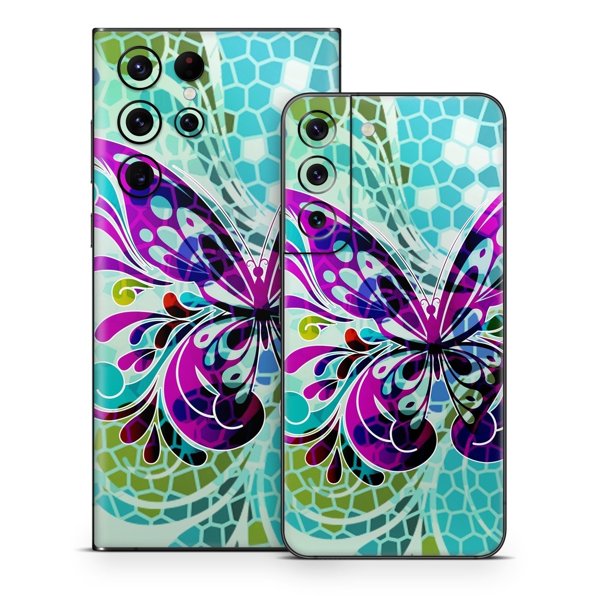 Samsung Galaxy S22 Series Skin design of Butterfly, Pattern, Insect, Moths and butterflies, Purple, Graphic design, Design, Pollinator, Visual arts, Magenta, with blue, green, purple colors