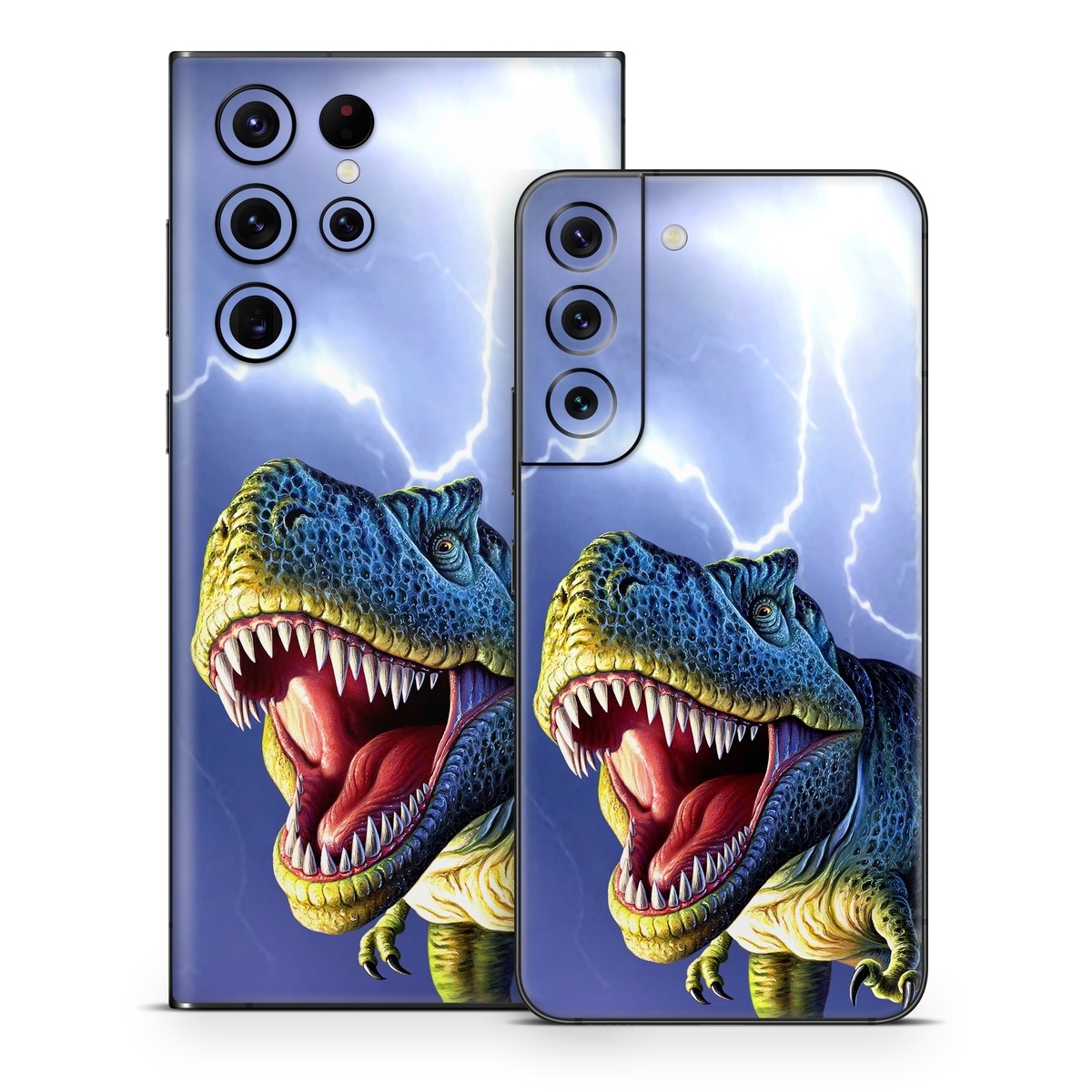 Samsung Galaxy S22 Series Skin design of Dinosaur, Extinction, Tyrannosaurus, Velociraptor, Tooth, Jaw, Organism, Mouth, Fictional character, Art, with blue, green, yellow, orange, red colors
