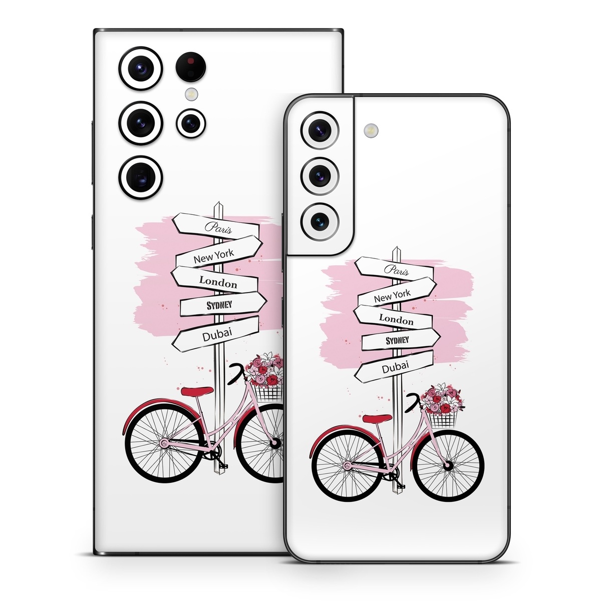 Samsung Galaxy S22 Series Skin design of Bicycle, Wheel, Bicycles--Equipment and supplies, Tire, Bicycle tire, Bicycle frame, Bicycle wheel, Bicycle wheel rim, Vehicle, Bicycle fork, with white, black, red, pink colors