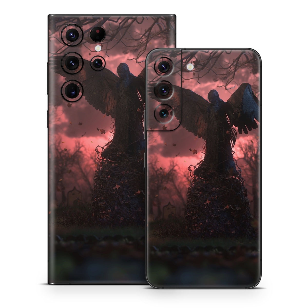 Samsung Galaxy S22 Series Skin design of Nature, Sky, Atmospheric phenomenon, Tree, Atmosphere, Darkness, Night, Screenshot, Cg artwork, Fictional character, with black, red colors