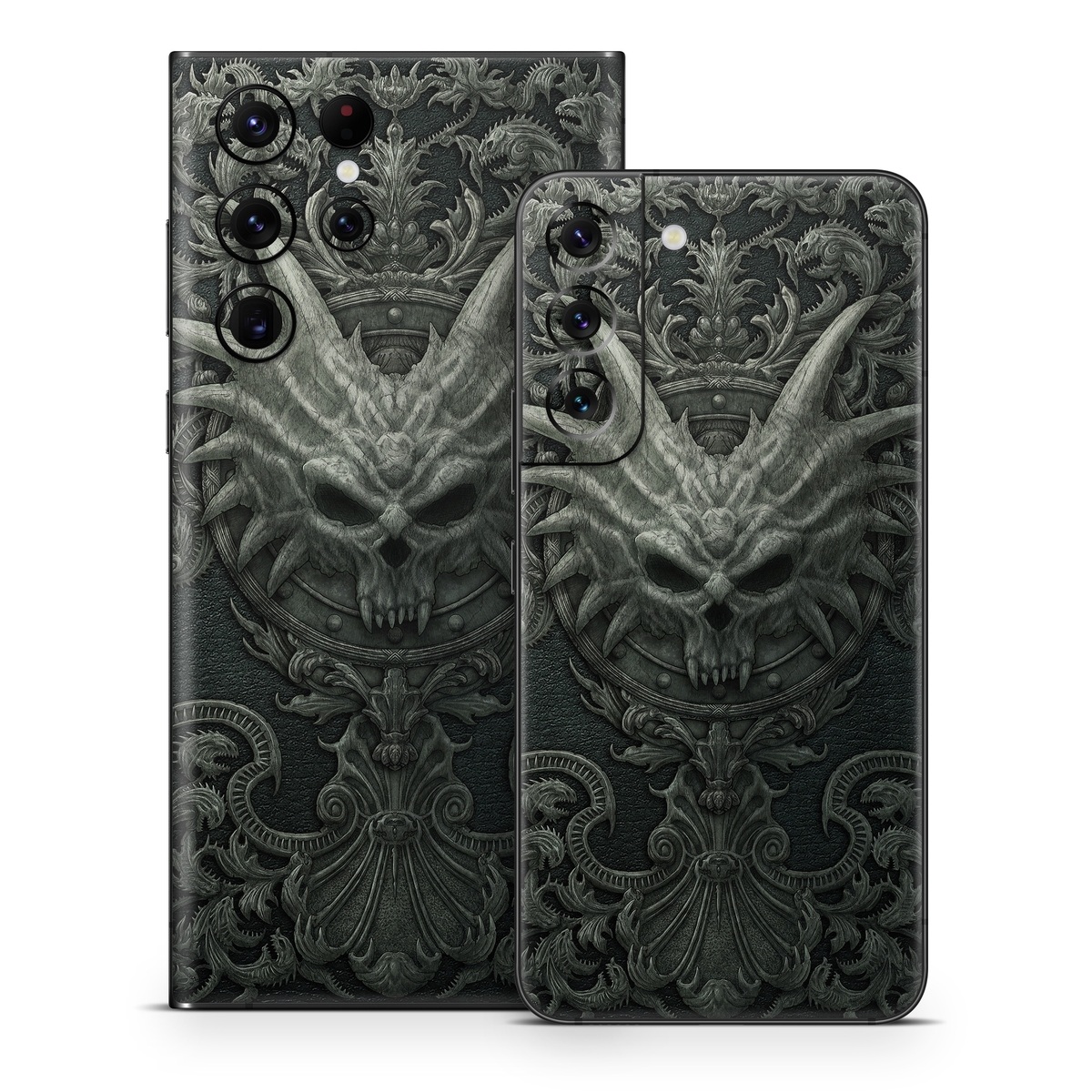 Samsung Galaxy S22 Series Skin design of Demon, Dragon, Fictional character, Illustration, Supernatural creature, Drawing, Symmetry, Art, Mythology, Mythical creature, with black, gray colors