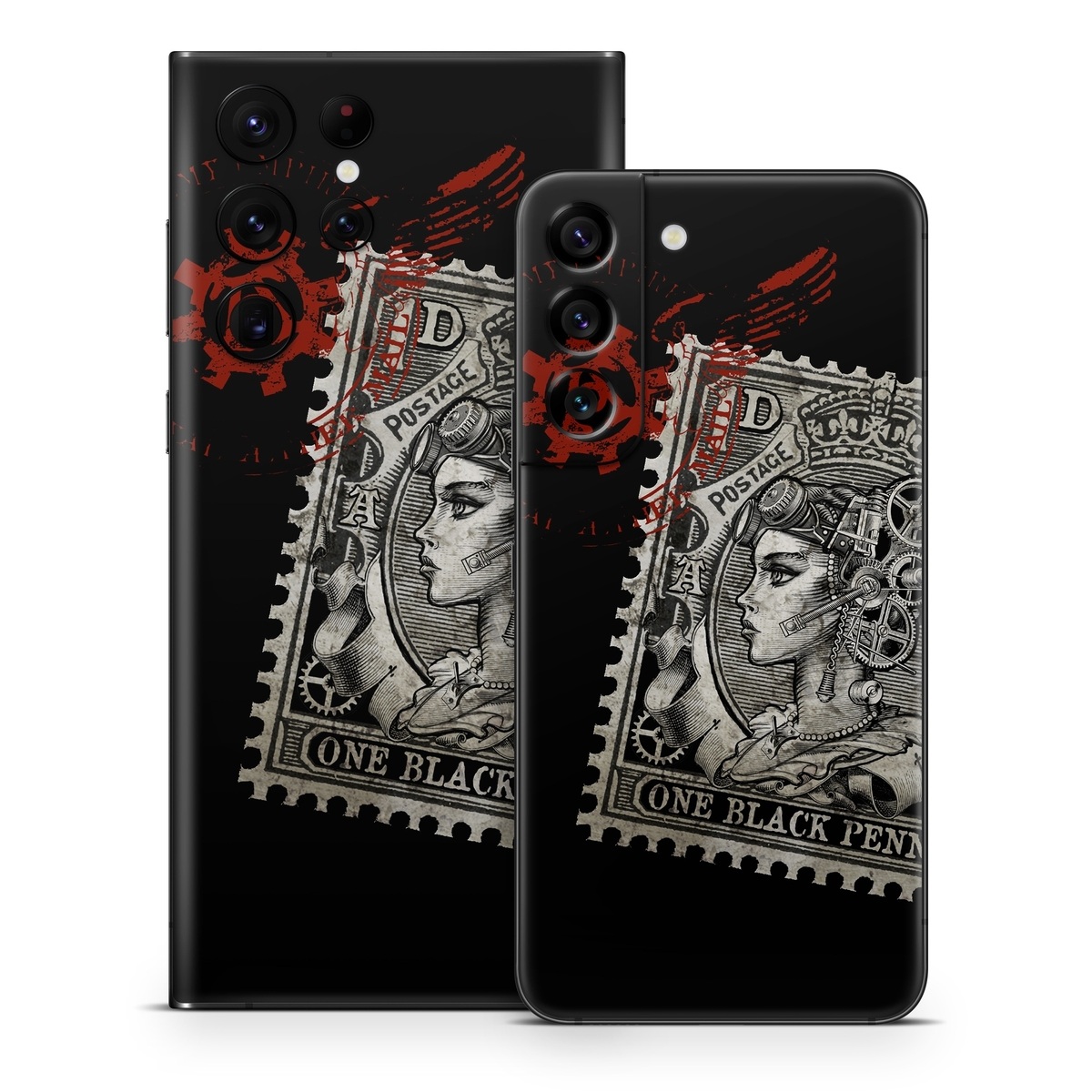 Samsung Galaxy S22 Series Skin design of Font, Postage stamp, Illustration, Drawing, Art, with black, gray, red colors