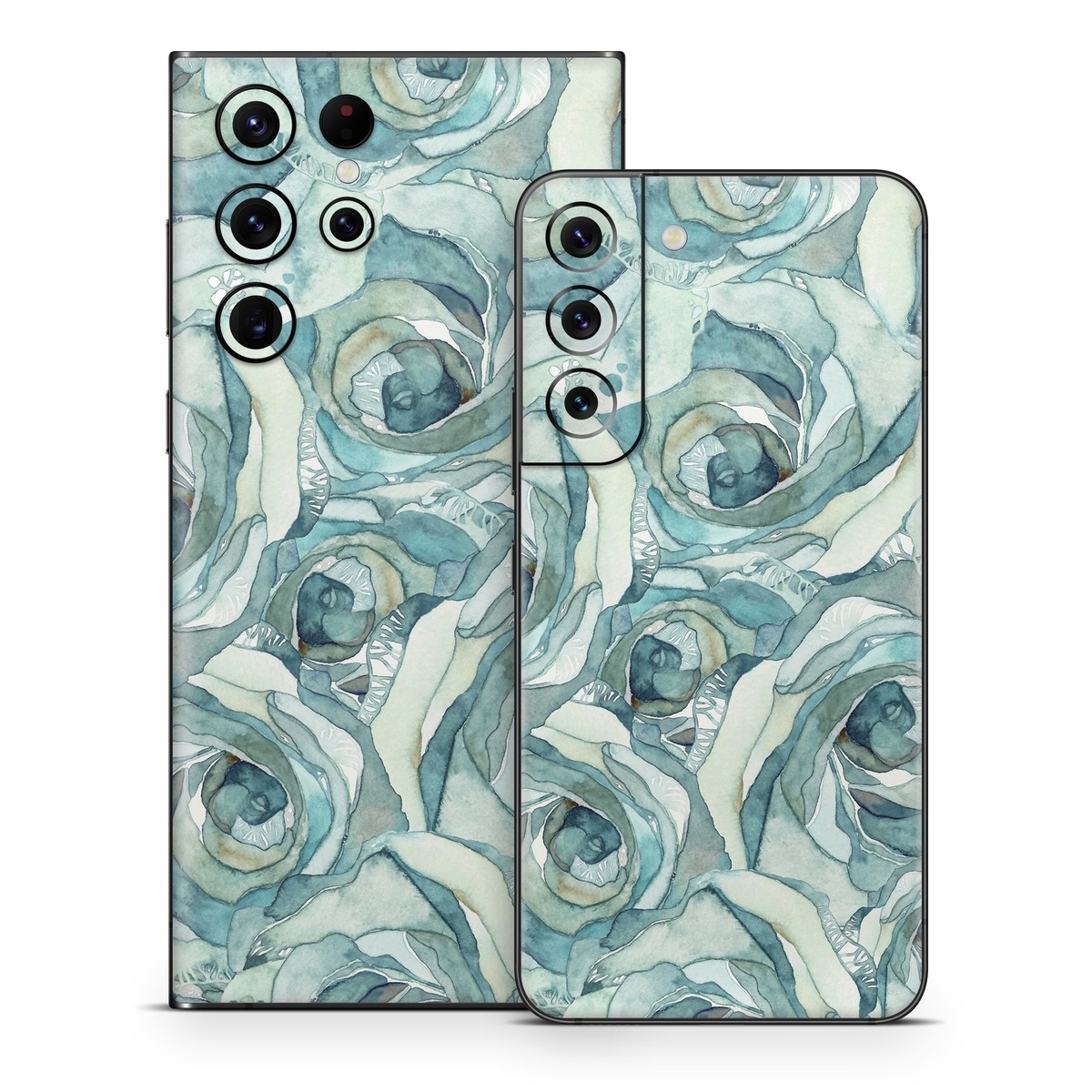 Samsung Galaxy S22 Series Skin design of Rose, Garden roses, Blue, Flower, Rose family, Watercolor paint, Plant, Pattern, Rosa × centifolia, Blue rose, with blue, green colors