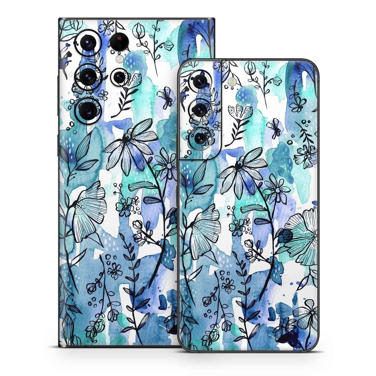 Samsung Galaxy S22 Series Skin design of Blue, Pattern, Turquoise, Aqua, Design, Textile, Wildflower, Plant, Wrapping paper, Gift wrapping, with blue, white, black, purple colors