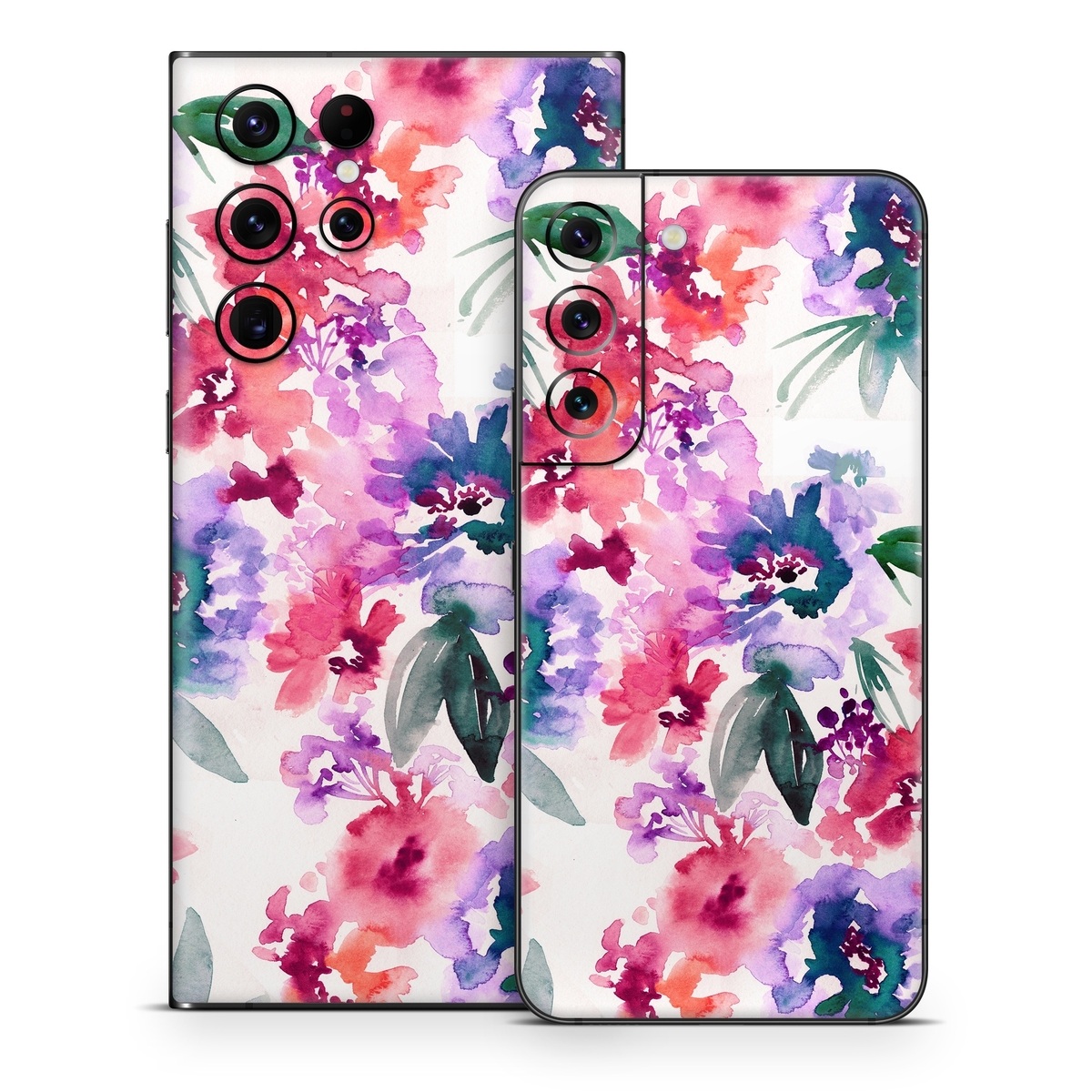 Samsung Galaxy S22 Series Skin design of Purple, Pattern, Pink, Lilac, Violet, Flower, Watercolor paint, Floral design, Plant, Design, with green, pink, red, purple, white colors