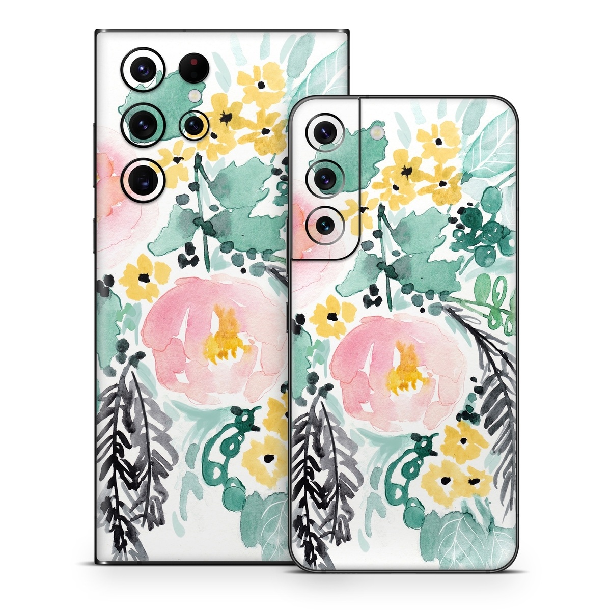Samsung Galaxy S22 Series Skin design of Branch, Clip art, Watercolor paint, Flower, Leaf, Botany, Plant, Illustration, Design, Graphics, with green, pink, red, orange, yellow colors