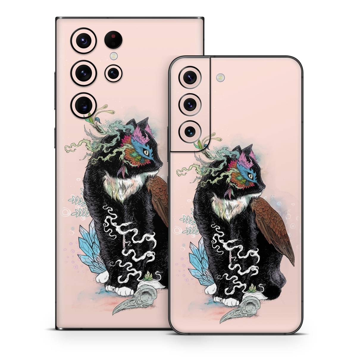 Samsung Galaxy S22 Series Skin design of Illustration, Owl, Art, Graphic design, Cat, Tail, with pink, black, brown, red, green colors