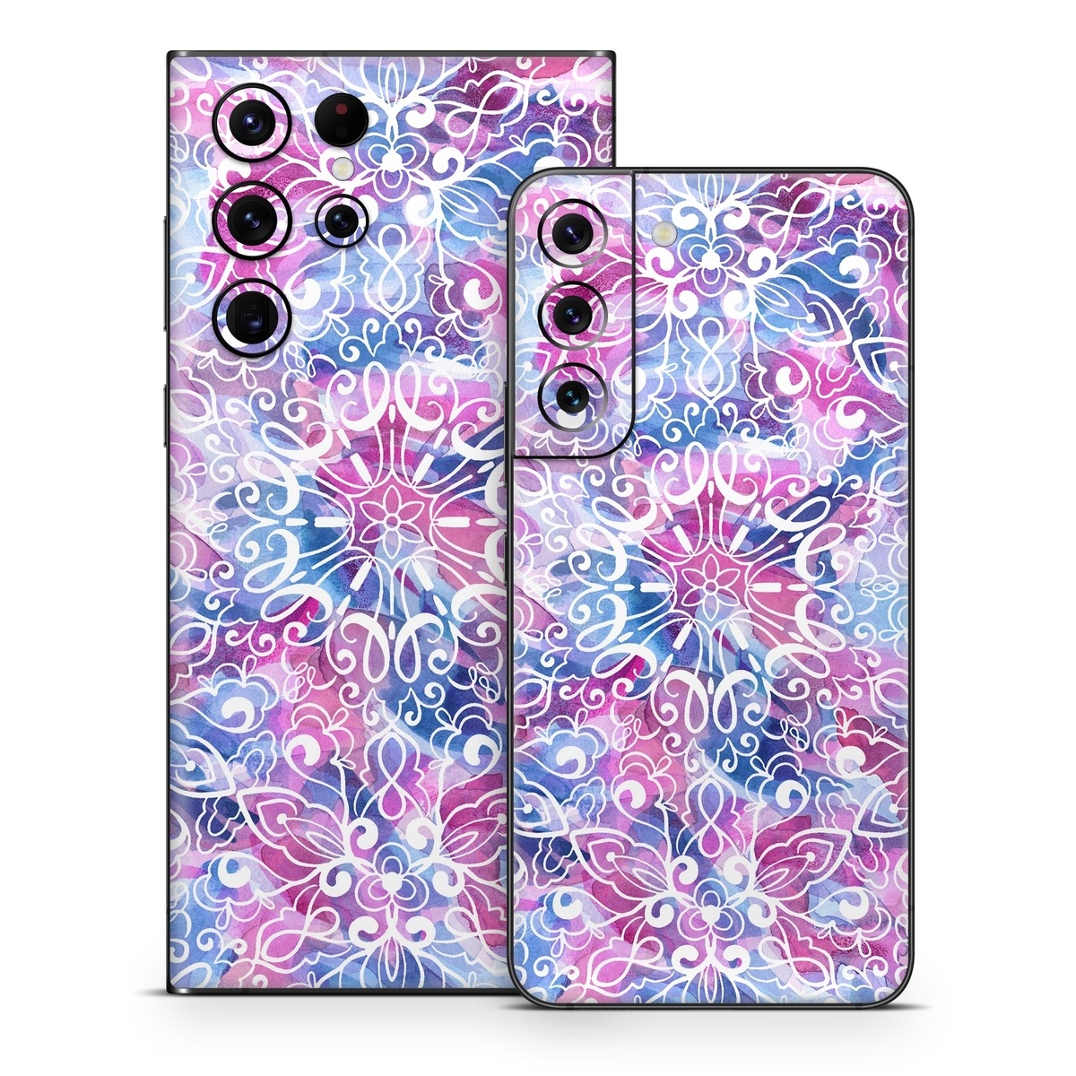 Samsung Galaxy S22 Series Skin design of Pattern, Pink, Lilac, Design, Textile, Visual arts, Motif, Floral design, Plant, with blue, pink, purple, white colors