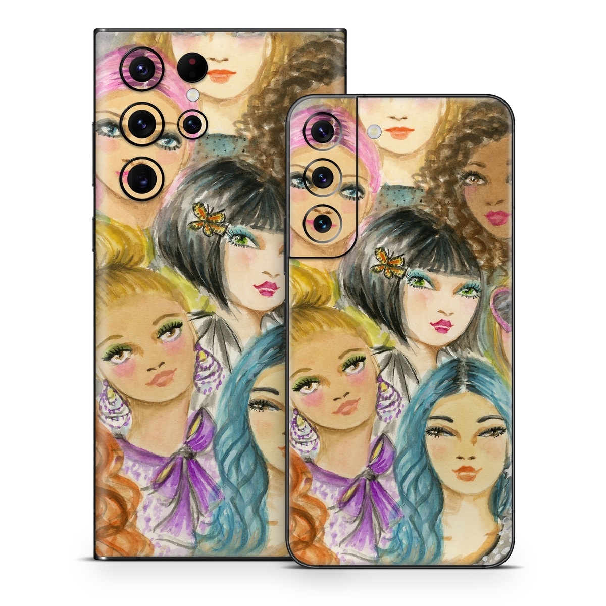 Samsung Galaxy S22 Series Skin design of Face, Hair, Head, Art, Hair coloring, Cheek, Illustration, Human, Watercolor paint, Brown hair, with white, black, brown, yellow, purple, blue, pink colors